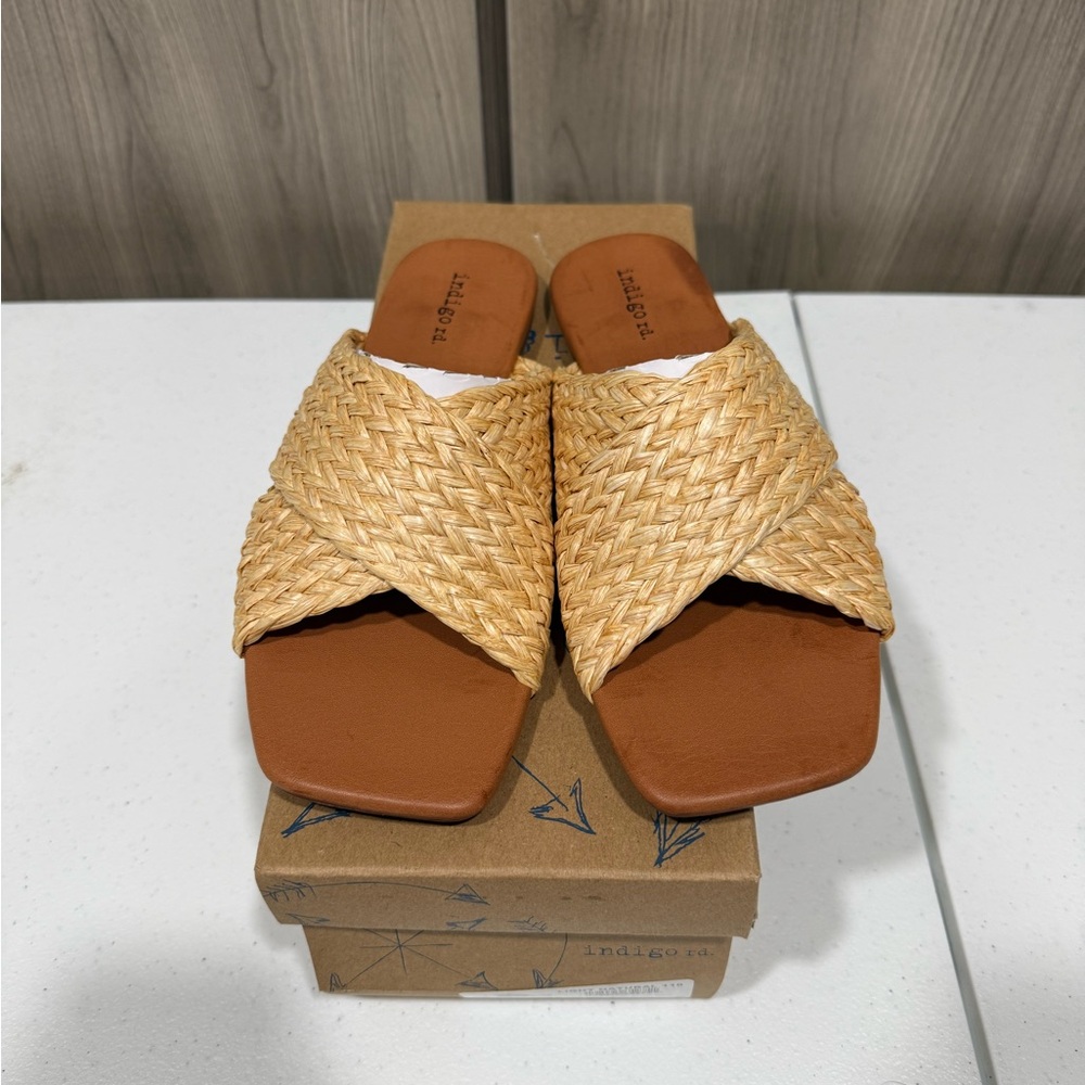 Indigo Woven Tan Slide Sandals